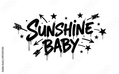 Sunshine Baby. lettering and all elements in black. Vector style. AWhite background. Pure white background. Perfect isolation and visual consistency. Dynamic
