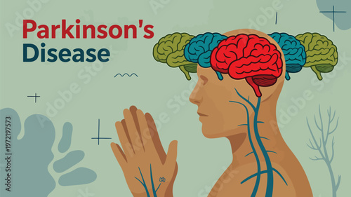 Parkinsons Disease Awareness Illustration with Human Profile and Brain Concept