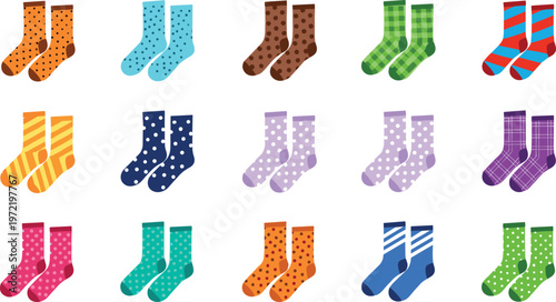 Colorful Socks Collection Featuring Various Patterns, Textures, and Designs for Fashion and Clothing Illustrations