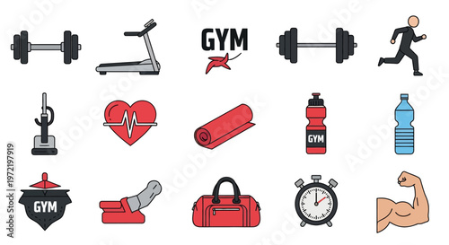 Fitness icons depicting gym equipment healthy habits and physical activity