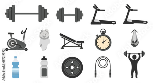Fitness equipment collection dumbbells treadmills exercise bike and more icons