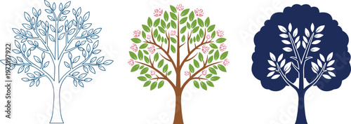 Decorative Tree Collection Featuring Floral, Ornamental, and Silhouette Tree Designs for Nature and Botanical Illustrations