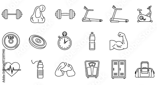 Fitness equipment and health icons in a simple line art style illustration