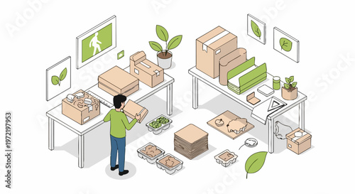 Sustainable Ecommerce Shipping and Eco-Friendly Packaging Warehouse Illustration. Isometric view of a man packing biodegradable boxes in a green logistics fulfillment center.