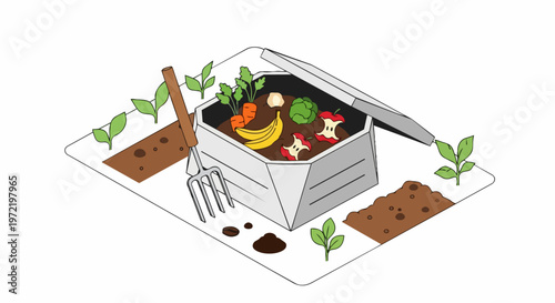 Isometric Illustration of a Garden Compost Bin with Organic Food Scraps and Pitchfork for Sustainable Gardening and Waste Recycling Concept