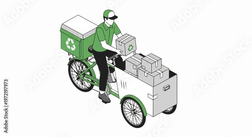 Eco-Friendly Courier Delivering Packages on a Sustainable Green Cargo Bike - Isometric Illustration for Green Logistics and Sustainable Last-Mile Delivery