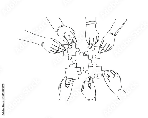 "Collaborative Learning Puzzle". Minimalistic one-line drawing multiple hands connecting puzzle pieces forming a shared solution, continuous single black line