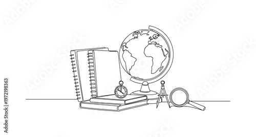 "Geography Study Flat Lay". Minimalistic one-line drawing a globe placed beside notebooks and study materials arranged neatly on a surface, continuous single