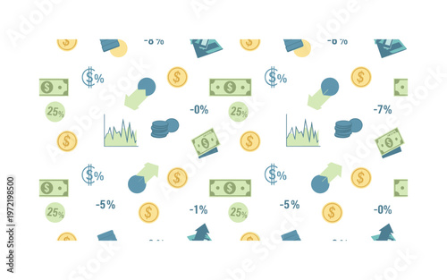 exchange rates and financial charts, seamless pattern, repeating pattern, surface design, textile print, simple financial charts, arrows, coins and banknotes