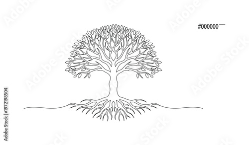 "Nature balance". Minimalistic one-line drawing tree above with roots spreading below in smooth flowing contour creating symmetry, continuous single black line