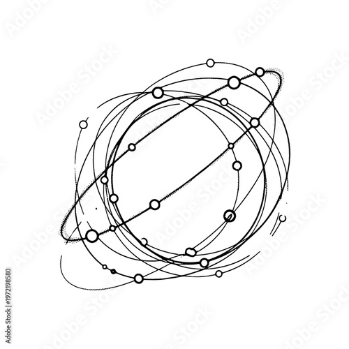 A minimal planetary orbit diagram drawn in ink with uneven circular lines and small dots, slightly off-center and partially faded, evoking cosmic structure,