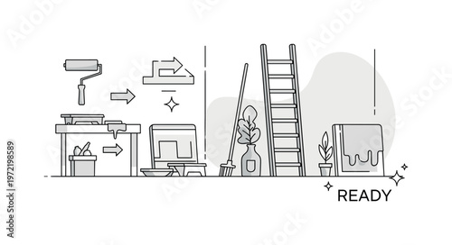 Room setup. A clean room with tools arranged (roller, tray, ladder) becomes the main focus, with arrows indicating preparation flow. A ?READY? caption and
