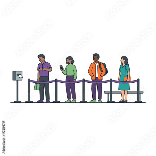 People stand in line, waiting patiently with various expressions and attire.