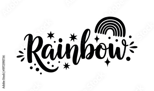 Little rainbow. lettering and all elements in black. Vector style. AWhite background. Pure white background. Perfect isolation and visual consistency. Bold
