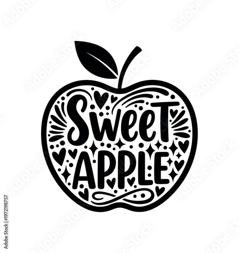 Sweet Apple. lettering and all elements in black. Vector style. AWhite background. Pure white background. Perfect isolation and visual consistency. Bold