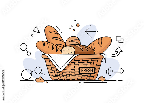 Bread basket. A single woven basket filled with assorted bread is the main focus, with a loaf and a few rolls peeking out. Small crumbs and a subtle ?FRESH?