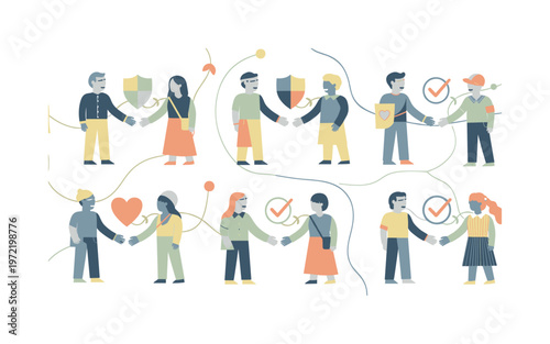Building trust and reliability in relationships, seamless pattern, repeating pattern, surface design, textile print, stylized figures holding hands exchanging