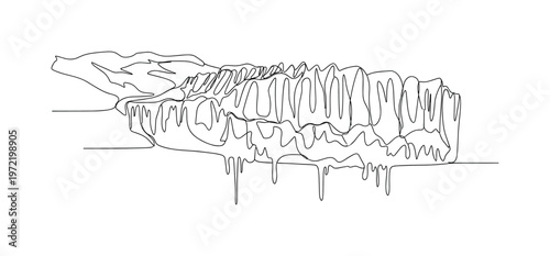 "Melting Glacier Scene". Minimalistic one-line drawing a large glacier with dripping edges and shrinking form indicating melting ice, continuous single black