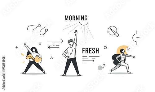 Morning stretch. A central figure stretches upward toward sunlight, with gentle rays and motion lines showing energy flow. A ?FRESH? caption highlights renewal