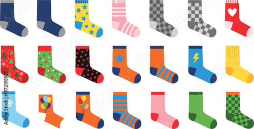 Colorful Socks Collection Featuring Various Patterns and Designs for Fashion, Clothing, and Accessories Illustrations
