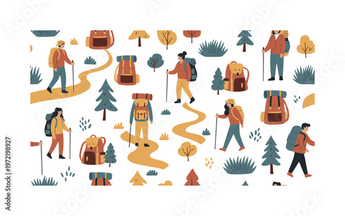 Nature walks and guided hiking tours, seamless pattern, repeating pattern, surface design, textile print, cozy arrangement of hikers, backpacks, trails, trees