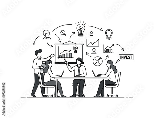 Investor meeting. A single table scene shows a presenter sharing ideas with seated investors, connected by arrows and icons. A small ?INVEST? label emphasizes