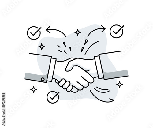 Conflict resolution at work. A single handshake becomes the focal point, symbolizing agreement after tension, with subtle broken lines turning into smooth