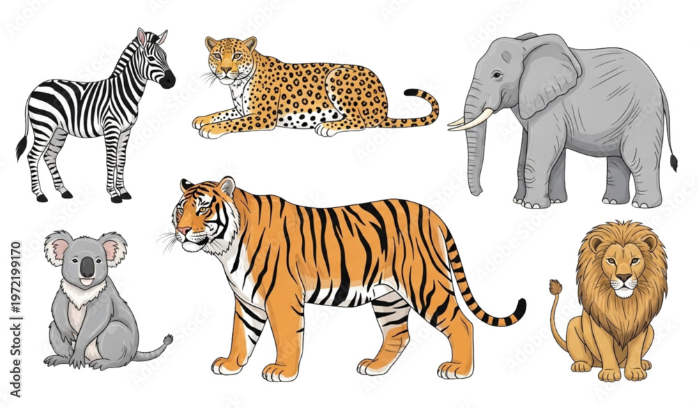 Fototapeta premium Hand-drawn jungle animals vector set with zebra, leopard, elephant, tiger, koala, lion