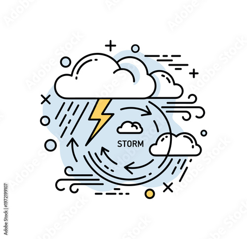 Storm intensity. A bold storm cloud with strong rain lines and wind arrows swirls around a central lightning icon. A small ?STORM? label highlights increasing