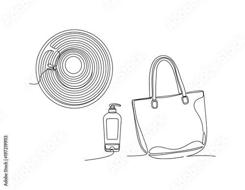 "Summer Vacation Essentials". Minimalistic one-line drawing a top view of beach accessories such as a sun hat, sunscreen bottle, and tote bag in balanced