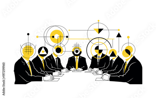 corporate meeting scene with faceless figures around a table, black and white silhouettes with bold white contour, heads replaced by geometric shapes and