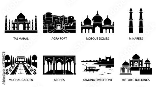 Vector Mughal Architecture Icon Set – Taj Mahal, Agra Fort, Mosque Domes, Minarets, Mughal Garden, Arches, Yamuna Riverfront, and Historic Buildings for Heritage Design Themes