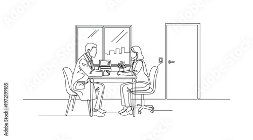 "Doctor Consultation Scene". Minimalistic one-line drawing a doctor sitting across from a patient in a clinic setting discussing health, continuous single