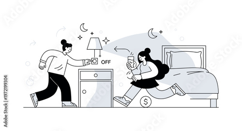 Night routine. A person reaches toward a bedside lamp switch as the room dims, with soft moon and star icons appearing. A ?OFF? caption reinforces transition