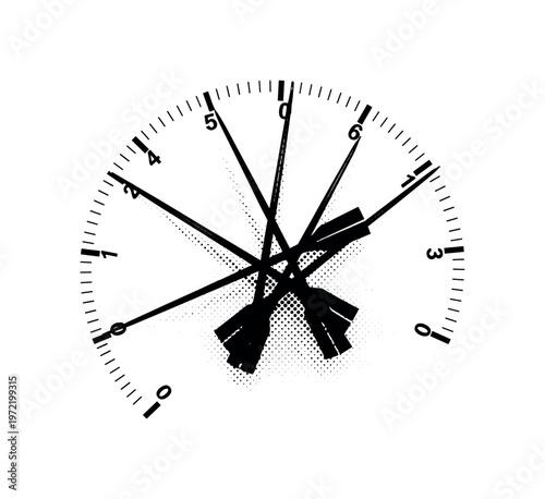 A cluster of overlapping gauge needles crossing at different angles without full dials visible, abstract composition suggesting complexity, black and white