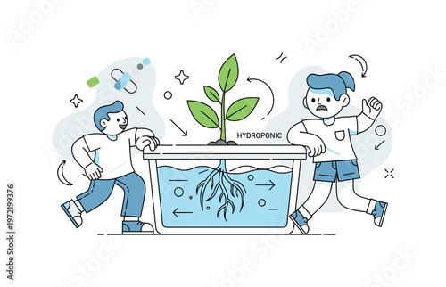 Hydroponic farming. A central plant grows in a clean container with visible roots submerged in nutrient-rich water, highlighted by flowing lines. A small