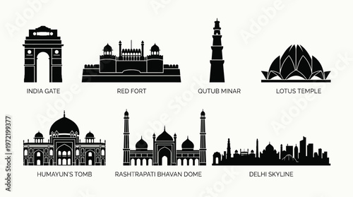 Vector Delhi Landmark Icon Set – India Gate, Red Fort, Qutub Minar, Lotus Temple, Humayun’s Tomb, Rashtrapati Bhavan Dome, and Skyline for Heritage Design Themes