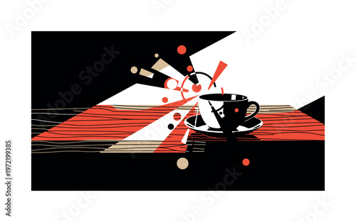 retro still life of a cup and table intersected by sunlight beams, black and white objects with bold white contour, diagonal light rays breaking into abstract