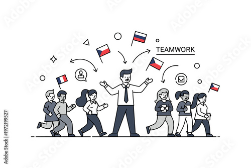 Managing multicultural teams. A central manager guides a diverse group of professionals, with small flags and icons representing different countries around