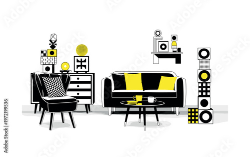 retro interior scene with handmade upcycled decor elements, black and white room objects with bold white contour, decorations formed from repurposed materials,