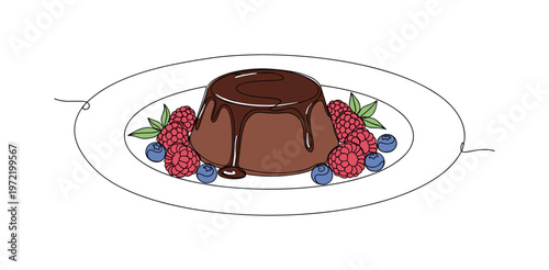 "Fine dining sweet". Minimalistic one-line drawing chocolate dessert with minimal garnish of berries placed thoughtfully around the plate, continuous single
