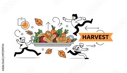 Harvest feast. A central platter with roasted vegetables and warm dishes sits as the focal point, with arrows and decorative leaves suggesting abundance. A