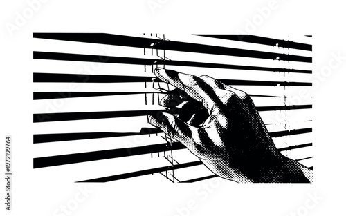 A human hand adjusting a small knob controlling waveform amplitude, close-up cropped gesture, symbolic of tuning signals, black and white halftone