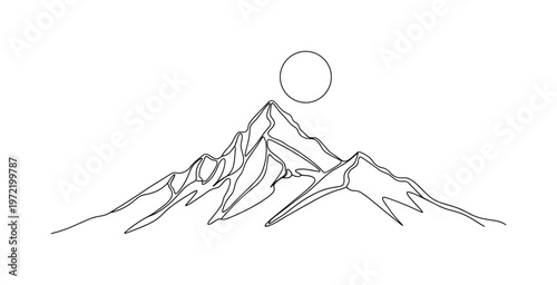 "Moonlit peak". Minimalistic one-line drawing sharp mountain ridge under a round moon with flowing continuous line and serene atmosphere, continuous single