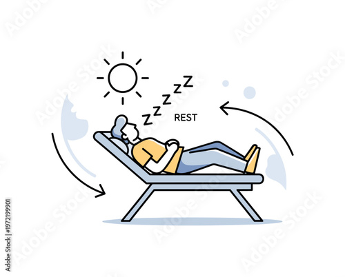 Taking a nap in a lounge chair. A relaxed person reclines on a lounge chair under a simple sun icon, with gentle ?Zzz? symbols floating above. A small ?REST?