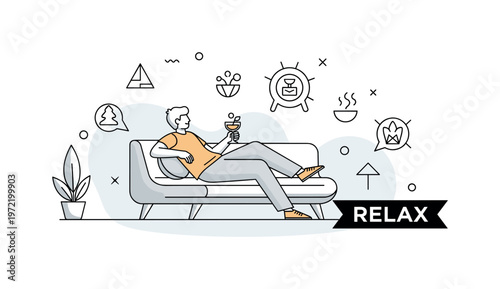 Exclusive leisure. A person relaxes on a modern lounge with a drink in hand, surrounded by subtle decorative shapes indicating comfort and wealth. A ?RELAX?