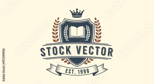 Elegant crest emblem featuring an open book, crown, laurel wreaths, and banner with established date, perfect for academic or historical branding