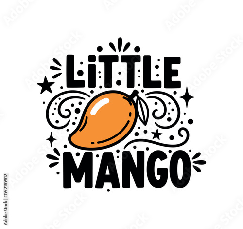 Little mango. lettering and all elements in black. Vector style. AWhite background. Pure white background. Perfect isolation and visual consistency. Bold