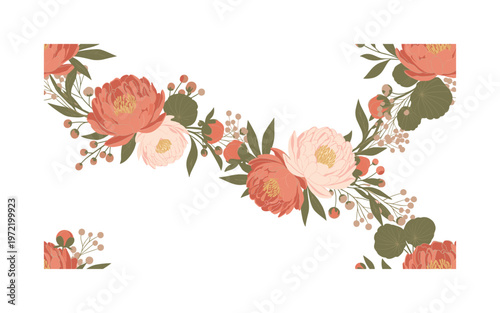 peonies and garden foliage, seamless pattern, repeating pattern, surface design, textile print, lush peonies combined with rounded garden foliage and small