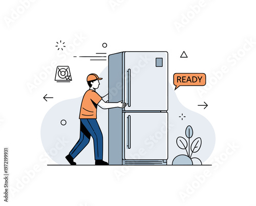 Appliance setup service. A single installer adjusts a large refrigerator, centered in the scene, carefully aligning it into place. Subtle motion lines and a